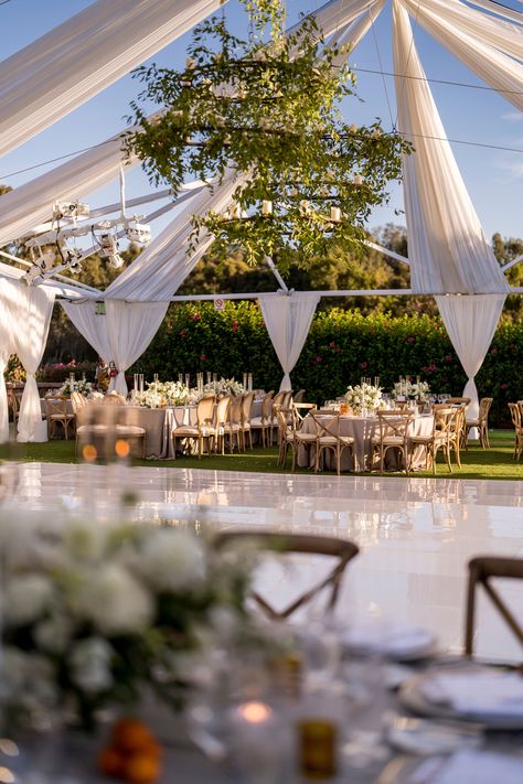 Rancho Valencia is the perfect setting for a warm, outdoor September wedding. Nisie’s Enchanted created a magical setting full beautiful florals and greenery with vibrant bursts of orange – a nod to the local orange groves. The reception was held outdoors on the Croquet Lawn, where the tables were adorned with gorgeous floral arrangements and crystal bowls filled with oranges. Our beautifully draped open-air tent was accented with lush greenery and beautiful lighting by Amber Event Production. Glamorous Tent Wedding, Open Air Reception, Outdoor Wedding Tent Decor, Outdoor September Wedding, Croquet Lawn, Destination Wedding Weekend, Lawn Wedding, Orange Groves, Awning Lights