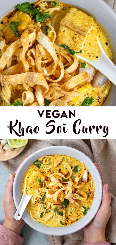 Vegan Khao Soi, Vegan Thai Noodles, Thai Recipes Vegan, Vegan Thai Food, Vegan Asian Soup, Asian Recipes Vegetarian, Vegan Thai Recipes, Khao Soi Recipe, Vegan Asian Food