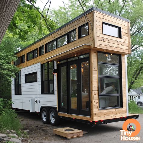 Check out this stunning tiny house on wheels in Deconstructivism design style! It showcases a unique blend of White and Black with Natural Wood accents.  Which design element catches your eye? Would you incorporate any into your own home? #TinyHouse #Deconstructivism #DesignInspiration Log Cabin Tiny House On Wheels, Deconstructivism Design, Natural Wood Accents, Mobile House, Tiny Home On Wheels, Tiny House Exterior, Cabin Tiny House, Tiny House Loft, House Loft