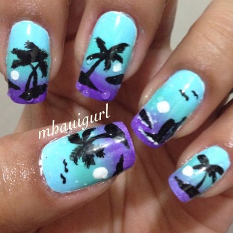 Tropical Nail Art: Sunsets, Sea Turtles And Sandy Beaches (PHOTOS) | HuffPost Pedicure Ideas Summer Toenails, Toenails Polish, Ocean Themed Nails, Pedicure Ideas Summer, Summer Toenails, Tropical Nail Art, Beach Nail Art, Palm Tree Nails, Sunset Nails