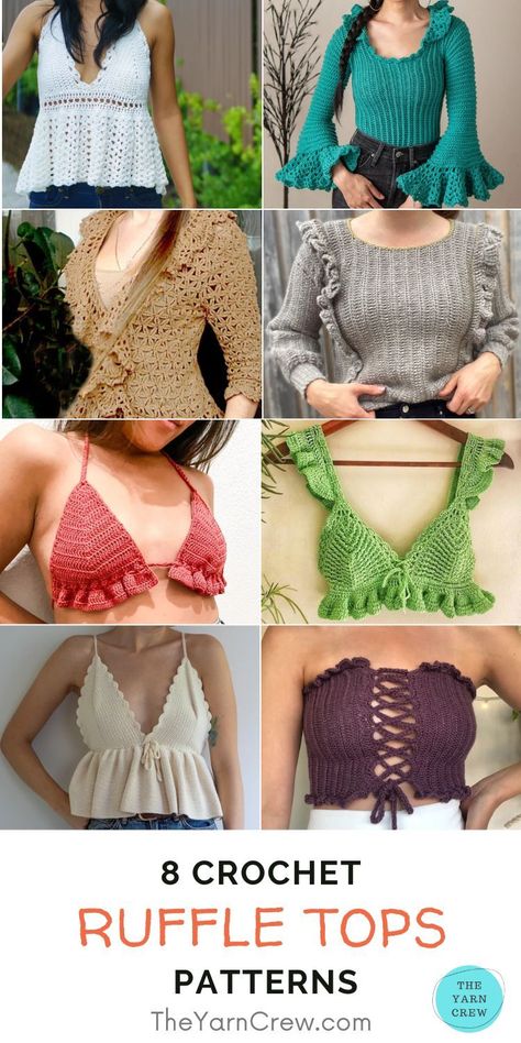 8 Crochet Ruffle Top Patterns For Women. 8 Crochet Ruffle Top Patterns For Women curated by The Yarn Crew. Top Patterns For Women, Ruffle Top Pattern, Crochet Ruffle Top, Crochet Bell Sleeve, Ruffle Pattern, Crochet Border, Border Lace, Crochet Ruffle, Crop Top Designs