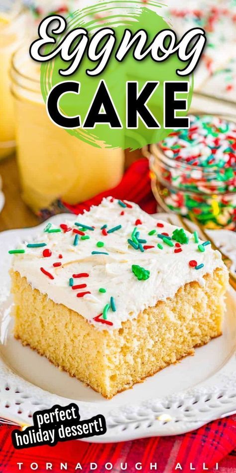 Light, fluffy, and delicious, this eggnog cake is a holiday treat that everyone will love. This recipe from Tornadough Alli bakes a delicious dessert spiked with eggnog in both the cake and frosting! You will get your Christmas fix with this dessert! Make this during the Christmas season! Eggnog Cake Recipe, Celebration Recipes, Spiced Eggnog, Eggnog Cake, Homemade Eggnog, Winter Celebration, Gingerbread Cake, Oreo Dessert, S'mores