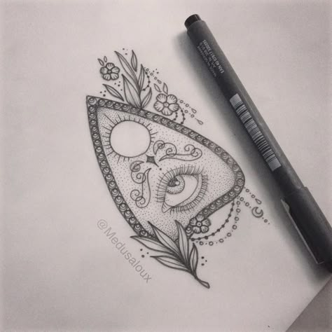 Planchette tattoo - Medusa Lou tattoo artist - medusa_lou@hotmail.com Planchette Tattoo Simple, Planchet Tattoo, Ouija Planchette Drawing, Planchette Drawing, Planchette Tattoo Design, Planchette Tattoo, Ouija Tattoo, Tattoo Medusa, Sternum Tattoo