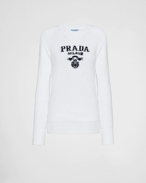 Prada Sweater, Barbie Sewing, Velvet Coat, Velvet Skirt, Crew Neck Jumper, Silk Twill, Sweater Women, Knit Cotton, White Sweaters