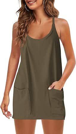 Panadila Womens Summer Sleeveless Mini Dress V Neck Spaghetti Strap Sundress Athletic Short Dress with Pockets Crewneck Dress, Vest Fashion, Crop Top Blouse, Active Wear Outfits, Sleeveless Jumpsuits, Maxi Dress Party, Sleeveless Mini Dress, Dress With Pockets, Skirts With Pockets