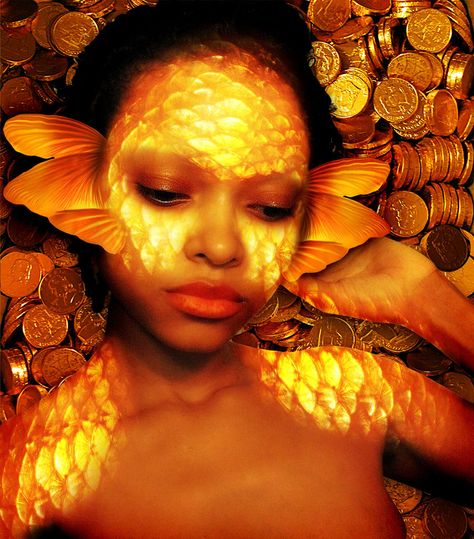 littleblackprincesses: “[GoldFish Mermaid] by ~Aqueeous-Solutions ” Goldfish Makeup, Black Mermaid Aesthetic, Scales Makeup, Siren Cosplay, Goldfish Mermaid, Black Mermaids, Brown Mermaid, Golden Mermaid, African Mermaid