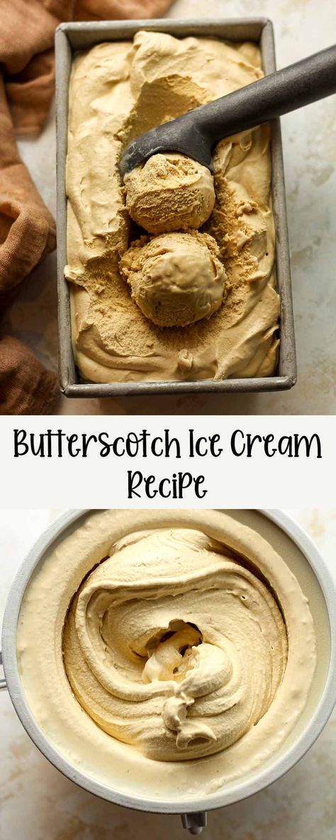 This Butterscotch Ice Cream Recipe is quick and easy to make in any two-quart ice cream machine. It combines the rich, buttery taste of butterscotch with a smooth, creamy texture that the whole family will love! Vanilla Sorbet Recipes, Easy Homemade Ice Cream Recipes With Machine, Sweet Cream Ice Cream Recipe, Cuisant Ice Cream Maker Recipes, Butterscotch Ice Cream Recipe, Ice Cream Kitchenaid Recipes, Butterscotch Dessert Recipes, Best Ice Cream Recipe, Vanilla Ice Cream Homemade