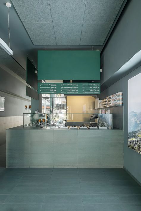 teal green tiles and neon signage characterize buza gelato shop in tel aviv Gelato Shop Interior, Gelato Shop Design, Green Cafe Interior, Green Coffee Shop, Restaurant Tiles, Greens Restaurant, Restaurant Identity, Turquoise Tile, Green Cafe