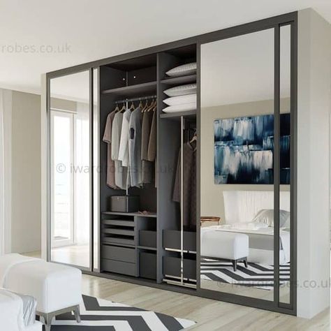 Mirror Wall Closet Sliding Doors, Mirrored Sliding Wardrobes, Bedroom With Sliding Mirror Closet, Closet With Mirror Ideas, Fitted Wardrobe Ideas Mirror, Bedroom Mirror Wardrobe, Sliding Door Mirror Wardrobe, One Wall Wardrobe, Fitted Wardrobe Ideas Small Bedroom