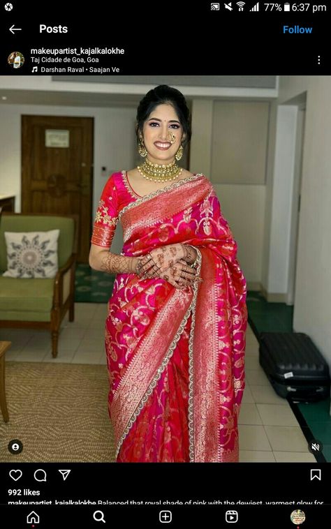 Rani Pink Banarasi Saree, Banarsi Saree Blouse Design, Saree Look For Wedding, Banarasi Saree Look For Wedding, Study Format, Saree Inspiration, Trendy Saree, Engagement Saree, Bollywood Designer Sarees