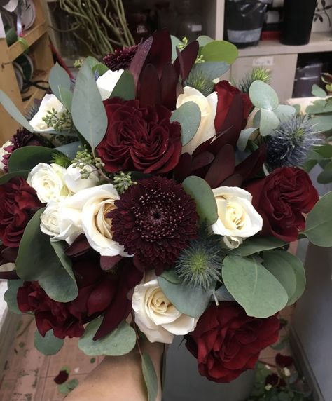 Burgundy And Ivory Bouquet, Burgundy And White Bridal Bouquet, Burgundy Bouquet Wedding, Garden Rose Bridal Bouquet, White Garden Rose, Burgundy Garden, Burgundy And Grey Wedding, Wedding Bouquet Arrangements, Dahlia Wedding Bouquets