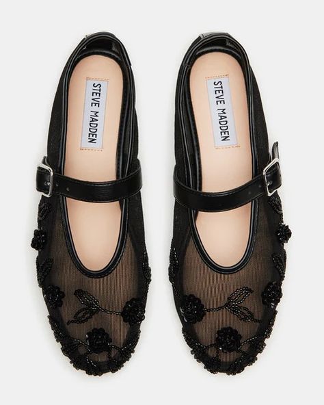 DREAMING Black Mesh Embellished Mary Jane | Women's Flats – Steve Madden Steve Madden Flats Outfit, Mesh Ballet Flats, Mesh Flats Outfit, Black Flats Outfit, Flat Sandals For Women, Steve Madden Flats, Mesh Flats, Fashion Shoes Sandals, Funky Shoes