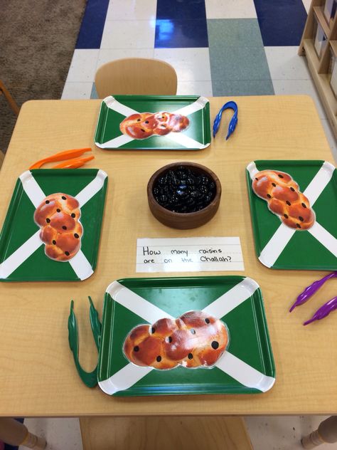 Shabbat math! How many raisins on the challah with tongs for fine motor skills! Shabbat Activities For Preschool, Yom Kippur Crafts Preschool, Shabbat Preschool, Shabbat Activities, Yom Kippur Crafts, Toddler Bible Study, Shabbat Crafts, Rosh Hashana Crafts, Jewish Preschool