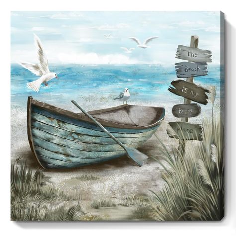 PRICES MAY VARY. ➤【CALMING SEASHORE AESTHETIC】 This serene beach themed wall picture captures sea birds resting on the rowboat. Behind the boat is blue ocean with the soaring seagulls. The nautical palette of blues, sand beige, tan, and fluffy white clouds provide a soothing feel. Hang this coastal wall art up for a calming vibe, and escape to the beach each day after work in the comfort of your home. ➤【LIGHTWEIGHT AND EASY TO HANG】This beachy decor wall picture is lightweight and easy to hang i Boat On Beach, Decor Marin, Farmhouse Artwork, Boat Artwork, Nautical Painting, Coastal Artwork, Seascape Canvas, Wall Art Coastal, Beach Artwork