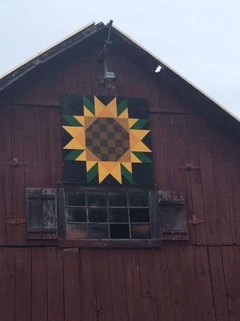 Sunflower Barn Quilt, Barn Quilts For Sale, Barn Board Projects, Sunflower Table Runner, Amish Barns, Painting Shutters, Sunflower Quilts, Barn Signs, Outdoor Metal Wall Art