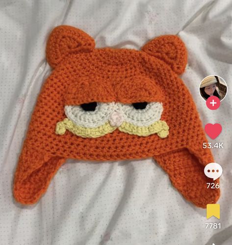 Domo Kun Crochet Hat, Crochet Fun Beanie, Garfield Crochet Hat, Crochet Domo Hat, Crochet Garfield Hat, Crochet Tongue, Funny Crochet Hats, Garfield Hat, Crochet Character Hats