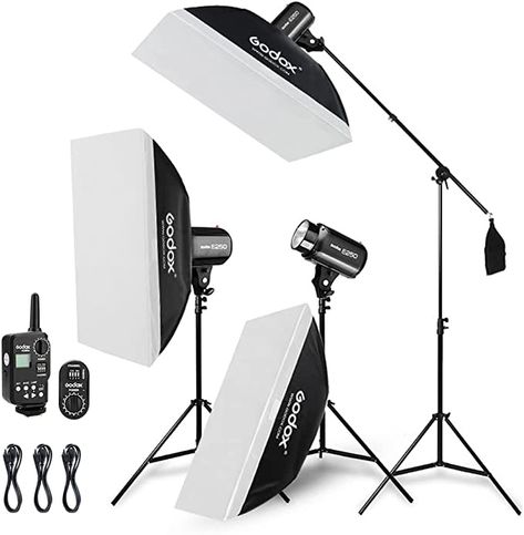 Godox 750W Professional Studio Strobe Flash Light Kit, 3-Light Godox Strobe Lighting Kit for Photography, 3x250W 5600K Monolights with Strobe Trigger, Softbox, Light Stands, Boom Arm Softbox Lighting, Camera Logos Design, Photography Studio Setup, Background Studio, Boom Arm, Barn Door Kit, Camera Logo, Garage Lighting, Men Wear