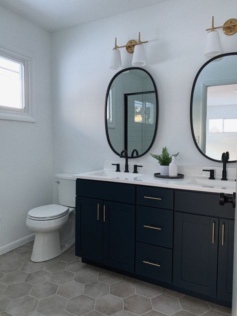 Navy Blue And Black Bathroom, Blue Vanity Black Faucet, Navy Bathroom Walls Black Fixtures, Black White And Blue Bathroom, Navy Blue Bathroom Vanity Gold Hardware, Small Navy Bathroom Vanity Black Faucet, Black Cabinets Bathroom, Midcentury Modern Bathroom, Moody Bathroom