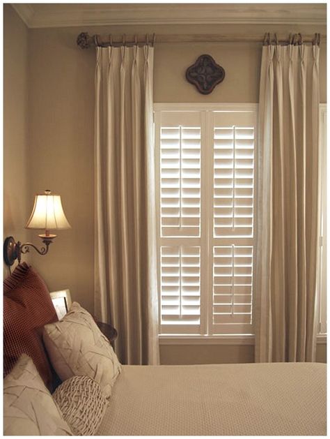 Simple elegance Shutters With Curtains, Bedroom Window Treatments, Window Treatments Ideas, Budget Blinds, Window Treatments Bedroom, Bedroom Window, Trendy Bedroom, Bedroom Windows, White Curtains