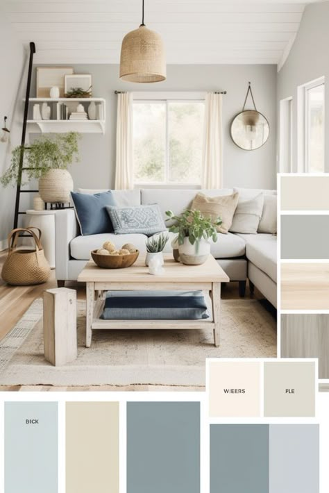 Explore the earthy browns and gentle blues that define the modern farmhouse color palette. #EarthyBrowns #FarmhouseColors Appartment Colour Scheme, Neutrals With Blue Accents, Home Wall Color Palette, Living Room Color Schemes With Grey, Wall Palette Ideas, Silos White Magnolia Paint Living Room, Farmhouse Style Color Palette, Blue Farmhouse Living Room Ideas, Living Room Modern Color Schemes