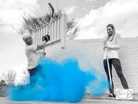 Hockey Gender Reveal, Sports Gender Reveal, Pro Hockey Players, Hockey Pucks, Gender Reveals, Colorful Clouds, Big Reveal, Hockey Puck, Hockey Player