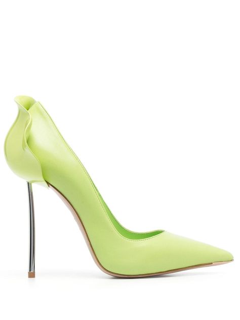 Petalo 100mm leather pumps from LE SILLA featuring apple green, calf leather, silver-tone hardware, floral appliqué, branded leather insole, pointed toe, flat leather sole, high stiletto heel and slip-on style. Farfetch Shoes, Streamy Awards, Apres Ski Boots, Green Pumps, Female Shoes, Louboutin Heels, Christian Louboutin Heels, Fancy Shoes, Pointed Heels