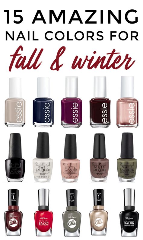 15 amazing nail colors for fall and winter #nailpolish #notd #beautyblogger #beauty #opi #essie #sallyhansen Fall 2022 Nail Polish Colors, Nail Polish Winter Colors, Fall Essie Colors, Nail Color For Winter 2023, Essie Winter 2023, Fall Nail Combinations, Winter Nail Polish Colors 2022, Opi Gel Polish Colors Winter 2024, Natural Nails Winter Colors