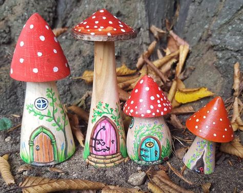 Wooden Toy Fairy Mushroom Houses. OOAK Hand turned and painted | Etsy Fairy Mushroom House, Mushroom Houses, Fairy Mushroom, Mushroom Paint, Mushroom Crafts, Beeswax Polish, Felt Fairy, Mushroom House, Little Flowers