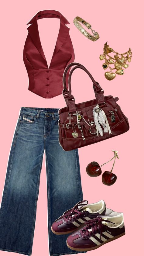 #outfitinspiration #red #cherry Cherry Girl Outfit, Winter Arc, Cherry Hair, Red Accessories, Red Cherry, Cherry Bomb, Blue Outfit, Gyaru, Cherry Red