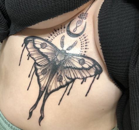 Lunar Moth Tattoo Sternum, Moth Tattoo Underbust, Goth Moth Tattoo, Goth Sternum Tattoo, Gothic Sternum Tattoo, Moth Sternum Tattoo, Underbust Tattoo, Appearance Goals, Lunar Moth Tattoo