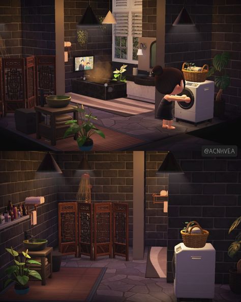 Animal crossing bathroom acnh hhp Acnh Home Interior Ideas Living Room, Acne Kitchen Ideas, Acnh Bathroom Designs, Acnh Modern Bedroom, Acnh Living Room Design Ideas, Acnh First Room Ideas, Acnh House Ideas Inside, Animal Crossing Black Bedroom, Animal Crossing Home Interior Ideas