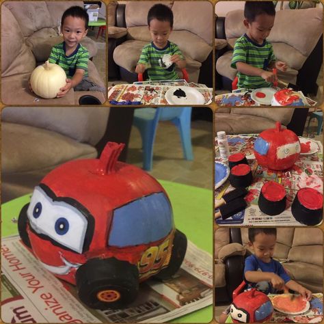 Monster Truck Pumpkin Painting, Cars Pumpkin Painting, Mcqueen Pumpkin Painting, Lightning Mcqueen Pumpkin, Pumpkin Competition, Book Character Pumpkins, Pumpkin Decorating Diy, Character Pumpkins, Painting Kids