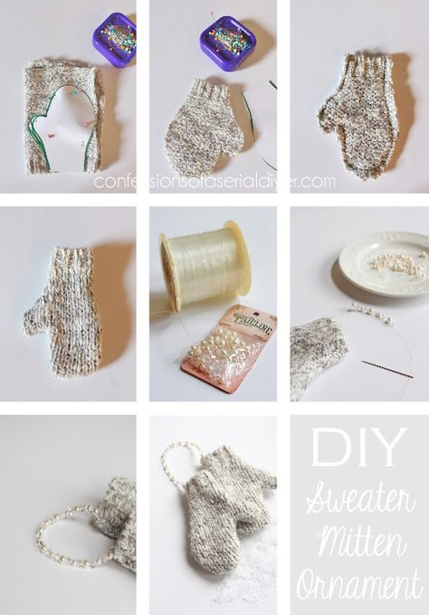 DIY Mitten Ornament Tutorial...no knitting required! Mitten Ornaments Diy, Mitten From Sweaters, Mini Ugly Sweater Ornaments, Crochet Mini Mittens Ornaments, Tiny Mitten Ornaments, Diy Mittens, Knitted Christmas Decorations, Mitten Ornaments, Weekend Crafts