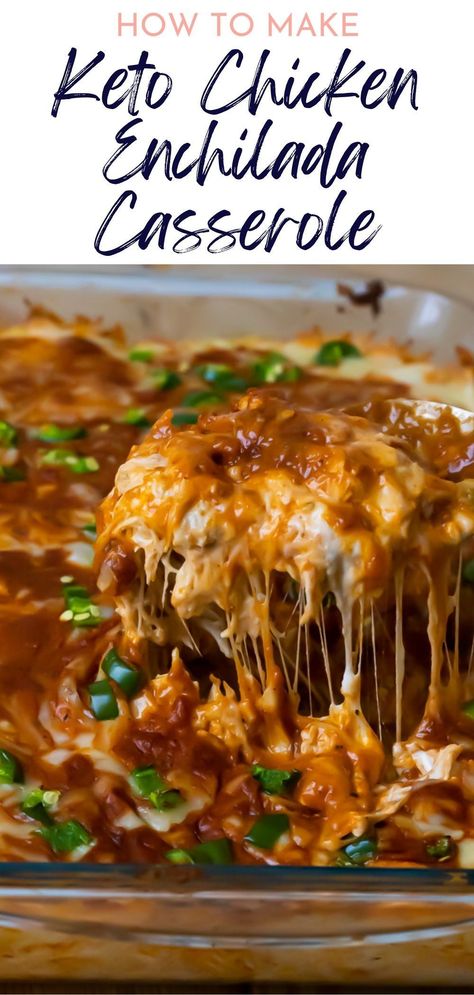 Get your Tex-Mex fix with this Easy Cheesy Keto Chicken Enchilada Casserole! Made with simple ingredients like cheese, cream cheese, and enchilada sauce, this keto-friendly casserole is perfect for a quick weeknight dinner. Plus, it's a great way to use up leftover chicken or turkey. Keto Shredded Chicken Casserole, Low Carb Jalapeno Chicken Casserole, Leftover Chicken Recipes Keto Friendly, Low Carb Cheese Enchiladas, No Tortilla Enchilada Casserole, Keto Green Enchilada Casserole, Chicken And Enchilada Sauce Recipes, Keto Chicken Rotisserie Recipes, Keto With Rotisserie Chicken