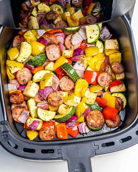 Air Fryer Apple Sausage and Veggies | Clean Food Crush Air Fryer Chicken Sausage, Chicken Sausage And Veggies, Easy Air Fryer Chicken, Sausage And Veggies, Chicken Apple Sausage, Apple Sausage, Clean Food Crush, Colorful Vegetables, Easy Air Fryer