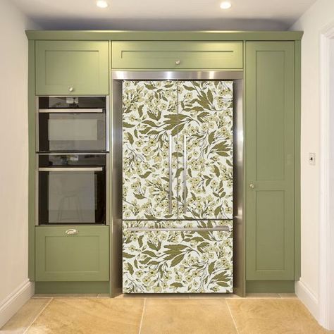 Wallpaper On Refrigerator, Wrapped Refrigerator, Wallpaper Fridge, Refrigerator Vinyl, Kitchen Flip, Refrigerator Makeover, Trellis Wall Stencil, Refrigerator Wrap, Painted Fridge