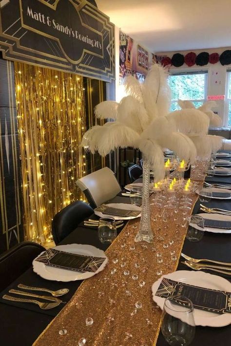 Check out this fabulous Great Gatsby party! The decor is gorgeous! See more party ideas and share yours at CatchMyParty.com Gatsby Table Decorations 1920s Party, Great Gatsby Party Sweet 16, Simple Great Gatsby Party Decorations, Prom Themes Great Gatsby, 21st Great Gatsby Party, Grate Gatsby Party Ideas, Great Gabsy Party Ideas, The Great Gatsby Hoco Theme, The Great Gatsby Table Decor