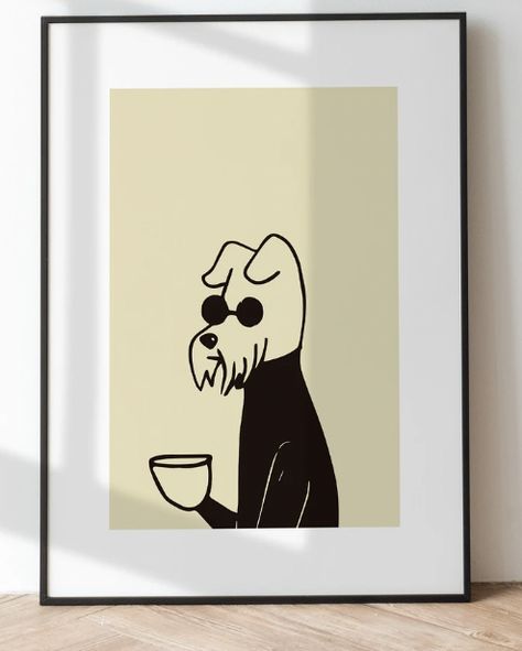 Dog Cafe Aesthetic, Coffee Reference, Cat Coffee Drawing, Art Deco Dog Illustration, Dog Coffee Illustration, Coffee Doodles, Cat Coffee Art, Cat Drinking Coffee Illustration, Coffee Doodle