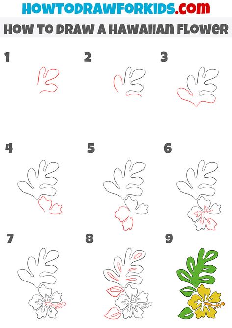 How To Paint Hawaiian Flowers, Hawaiian Flowers Drawing Step By Step, Hibiscus Flower Drawing Step By Step, Hawaiian Flowers Drawing, Hawaii Flowers Drawing, Beachy Drawings, Flowers Drawing Easy, Hawaiian Flower Drawing, Art Steps