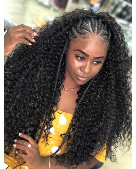 braid ideas, braid down, feed in braids with sew in Half Braided Hairstyles, Curly Crochet Hair Styles, Vacation Hairstyles, Box Braids Hairstyles For Black Women, Braided Cornrow Hairstyles, Glueless Wig, Protective Hairstyles Braids, Girls Hairstyles Braids, Hair Ponytail Styles