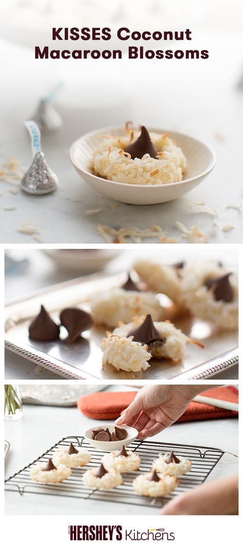 We love this creative twist on a classic: KISSES Coconut Macaroon Blossoms. This is a total original made with MOUNDS Sweetened Coconut Flakes and HERSHEY'S KISSES Brand Milk Chocolates. Add major flavor and texture to a Christmas cookie favorite. Coconut Blossom Cookies, Coconut Kiss Cookies, Macaroon Blossoms, Coconut Blossoms, Coconut Kisses, Hersheys Kisses, Coconut Macaroon, Macaroon Cookies, Kiss Cookies