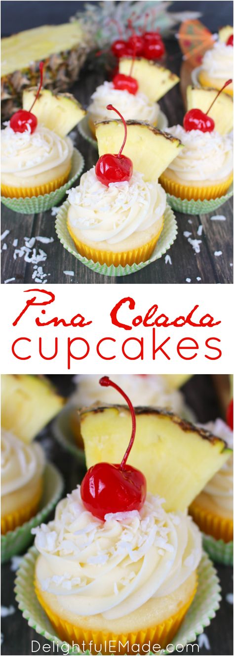 Cupcakes Recipes Easy, Alcohol Cupcakes, Pina Colada Cupcakes, Coconut Cream Cheese, Pina Colada Cocktail, Coconut Cream Cheese Frosting, Pineapple Cupcakes, Tropical Desserts, Coconut Baking