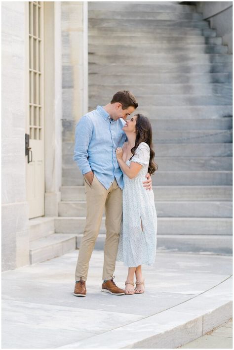 Woman and man embracing and smiling at one another for engagement photos Men’s Outfit Engagement Photo, Men’s Engagement Shoot Outfit, Engagement Photo Mens Outfit, Blue Outfit Engagement Pictures, Blue Engagement Photos Outfit, Men Engagement Picture Outfit, Engagement Photos Guy Outfit, Male Engagement Outfits, Men Engagement Shoot Outfit