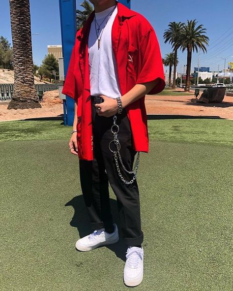 Red And Black Guy Outfits, Red And Black Streetwear Outfit Men, Red Rave Outfit Men, Red Aesthetic Outfits Men, Red Outfits For Men Casual, Red Black Streetwear, Red And White Outfits Men, Red Outfits Men Street Style, Red Kpop Outfits Male