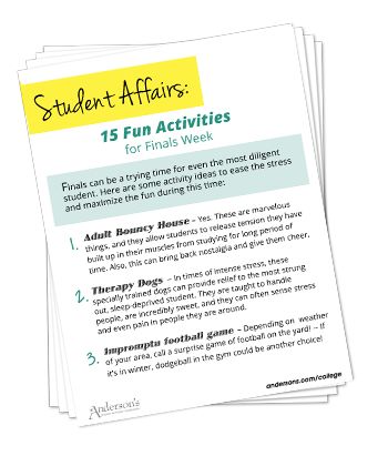 Student Affairs: 15 Fun Finals Week Activities http://www.andersons.com/resources/15-Fun-Finals-Week-Activities University Activities Ideas, College Event Ideas Activities Student, College Events Ideas, Student Activities College Events, College Icebreakers, College Club Activities, Higher Education Student Affairs, College Event Ideas, Director Board