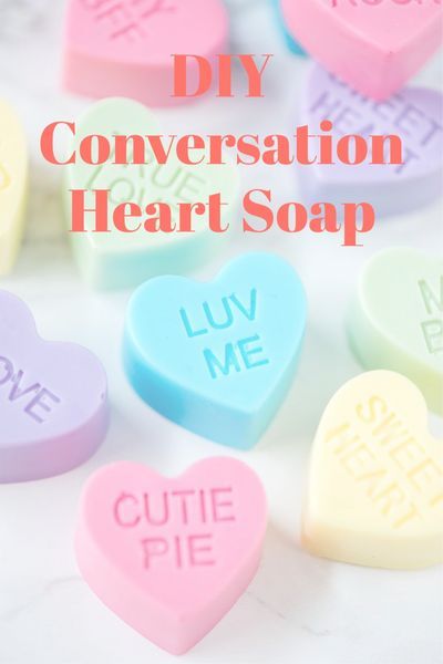 DIY Conversation Heart Soap – how to make mini conversation heart soaps for Valentine�s Day. #valentinescrafts #valentinesgifts #valentinesday #diyvalentines #diysoap Diy Home Spa, Heart Soap, Valentine's Party, Handmade Holiday Gifts, Valentine's Day Games, Conversation Heart, Back To School Crafts, Sugar Scrubs, Valentines Day Treats