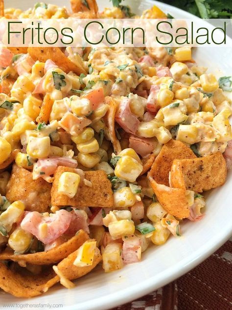 Fritos Corn Salad will be one salad that no one will forget! Loaded with corn, vegetables, a creamy spiced dressing, and then toss in an entire bag of Fritos Chili Cheese corn chips. Perfect salad for a BBQ, picnic, or a potluck. When I was little my family would have movie nights. My dad would … Fritos Corn Salad, Corn Chip Salad, Chip Salad, Frito Corn Salad, Chili Cheese Fritos, Corn Chip, Corn Salad Recipe, Mexican Flavors, Ranch Pasta Salad