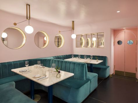 Gundry & Ducker , Andrew Meredith · North Audley Canteen Pink Restaurant, Deco Spa, Downstairs Bar, Underground Bar, Pink Bar, Club Decor, Spa Ideas, London Bars, Salon Ideas