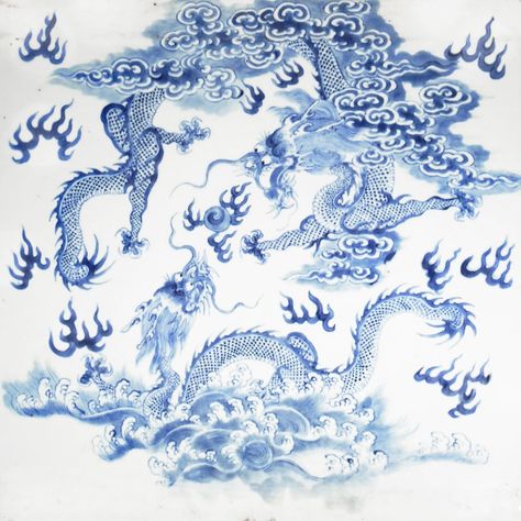 A chinese blue and white porcelain 'dragon' plaque. 19th.c. | Woolley and Wallis Porcelain Dragon Tattoo, Chinese Blue Aesthetic, Blue Porcelain Tattoo, Porcelain Tattoo, Chinese Porcelain Pattern, Two Dragons, Chinese Blue And White Porcelain, Porcelain Print, Chinese Prints