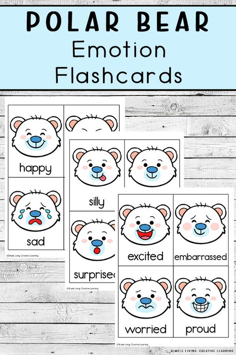 These Polar Bear Emotion Flashcards will be a useful tool for teaching children to identify their feelings or to express themselves. Artic Activities Toddlers, January Social Emotional Activities, Polar Bear Worksheets Preschool, Polar Animals Activities For Toddlers, Polar Bear Preschool Activities, Polar Bear Activities For Toddlers, Polar Bear Activities For Preschool, Polar Animals Preschool Activities, Polar Bear Craft Preschool